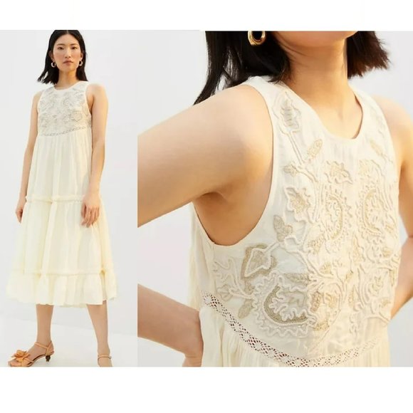 Anthropologie Pinnacle Cream Embroidered Maxi Boho Dress Sz L - Picture 2 of 15